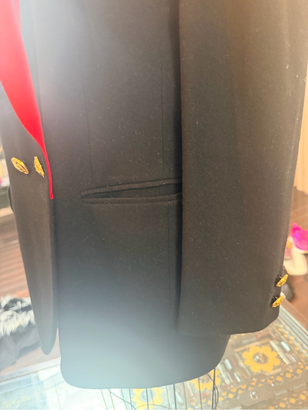 Louis Feraud Black Tuxedo Jacket with Gold Buttons and Red lapels
